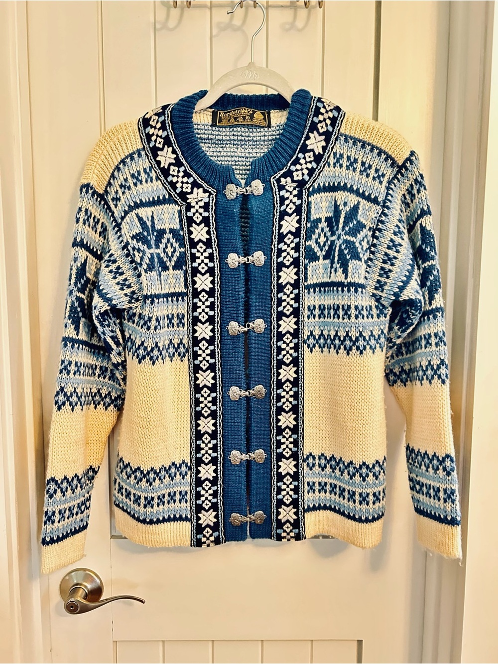 VTG Nordstrikk Blue and Cream Fair Isle Wool Knit Cardigan Made in Norway Small